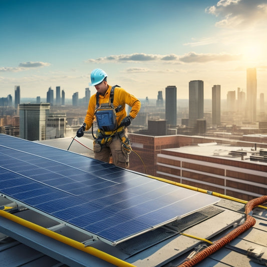 A photorealistic illustration of a rooftop with a partially installed solar panel array, showcasing a worker in a harness and helmet, with tools and wiring strewn about, amidst a cityscape background.