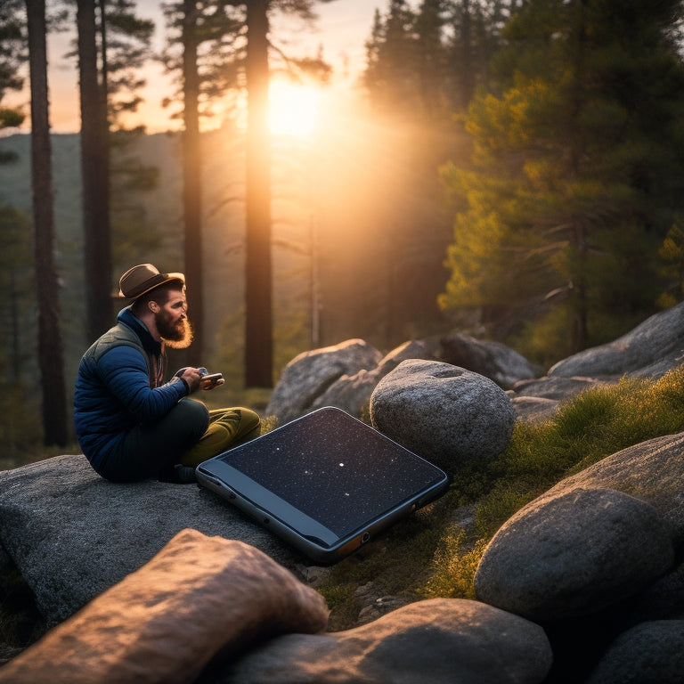 A dramatic, high-angle shot of a person in the wilderness, surrounded by trees and rocks, holding a smartphone connected to a portable solar panel, with a faint sun peeking through the clouds above.