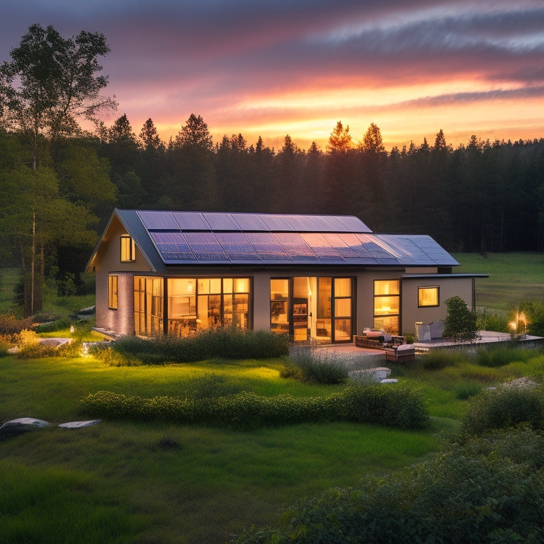 A serene off-grid home at dusk, surrounded by lush greenery, with a rooftop solar panel array and a sleek, modern battery storage system visible through a large window.