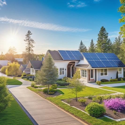 A serene residential neighborhood with sleek, modern homes, each adorned with high-efficiency solar panels angled perfectly to capture sunlight, surrounded by lush greenery and a bright blue sky.