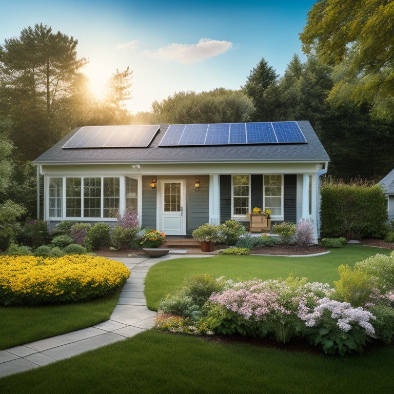 A serene suburban home with a sunny backyard, featuring a roof-mounted solar panel array, a sleek inverter, and a battery bank, surrounded by lush greenery and a few blooming flowers.