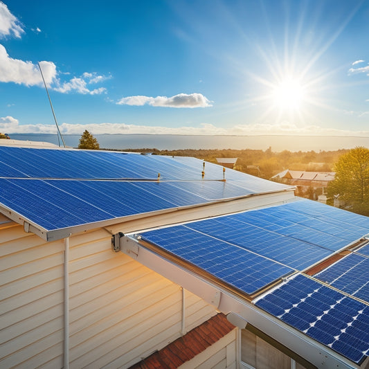 An illustration of a residential rooftop with a partially installed solar panel array, ladder, toolbox, and solar installer in mid-installation, amidst a sunny blue sky with fluffy white clouds.