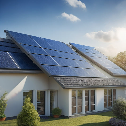 A photorealistic image of a modern residential roof with sleek, black solar panels mounted at an angle, with sleek silver rails and clamps, amidst a bright blue sky with fluffy white clouds.