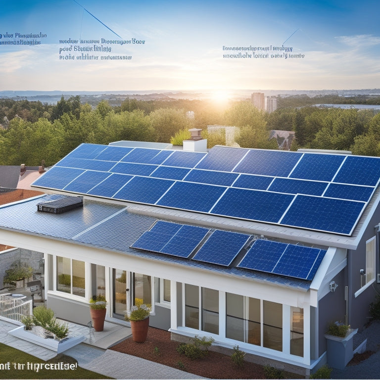 An illustration of a residential rooftop with solar panels being installed, showcasing step-by-step progress from consultation to final connection, with icons and arrows indicating each stage.