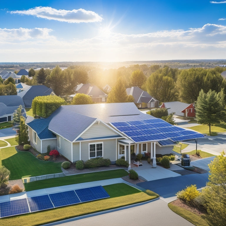 A serene suburban neighborhood with various roof types, featuring a mix of solar panels and traditional shingles, under a bright blue sky with fluffy white clouds and a subtle sunburst.