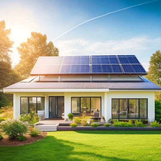 A serene, modern suburban home with solar panels installed on its rooftop, surrounded by lush greenery and a bright blue sky with a few fluffy white clouds.