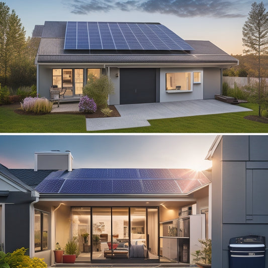 A split-screen image featuring a modern home with solar panels on the rooftop and a sleek, compact battery storage unit in the garage, contrasted with a cluttered, outdated utility room with tangled wires.