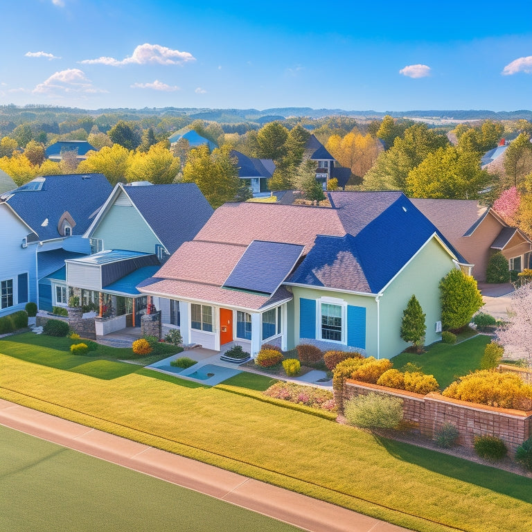 A serene suburban neighborhood with a mix of traditional and modern houses, some with solar panels installed, amidst a sunny blue sky with a few puffy white clouds.