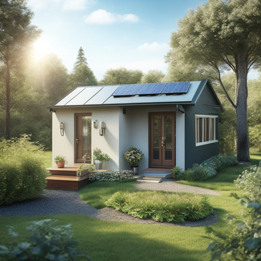 A serene, eco-friendly small home surrounded by lush greenery, with solar panels on the roof, a recycling bin, and a small garden, set against a bright blue sky with a few fluffy white clouds.