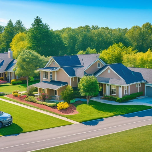 A serene suburban neighborhood with various houses, one featuring a sleek, black rooftop solar panel system amidst a sea of traditional asphalt shingles, surrounded by lush green trees and a bright blue sky.