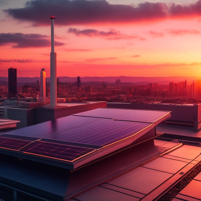 A futuristic rooftop scene with sleek, black solar panels featuring built-in battery storage units, amidst a cityscape at sunset with a bright orange and pink sky.