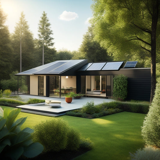 A serene, sunny backyard with a modern house, featuring a rooftop covered in sleek, black solar panels, surrounded by lush green trees, with a subtle, shining sun in the corner.