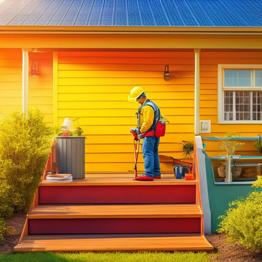 An illustration of a person in a yellow hard hat and gloves, standing on a porch with a slight incline, holding a soft-bristled brush and a hose, surrounded by clean, angled solar panels.