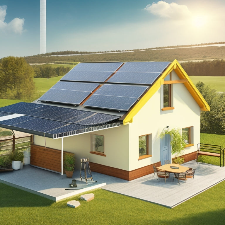 An illustration of a house with a roof featuring a partially installed solar panel array, with a ladder and toolbox beside it, and a battery pack in the background with wires and cables connecting it to the panels.