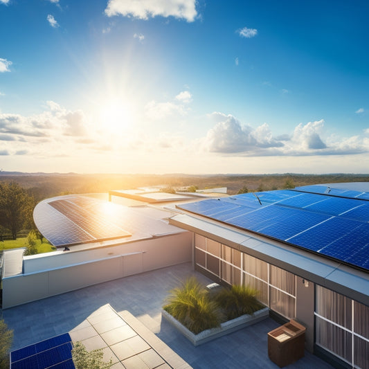 A photorealistic illustration of a modern residential rooftop with multiple solar panels, a sleek storage battery, and a smart energy management system, set against a bright blue sky with fluffy white clouds.