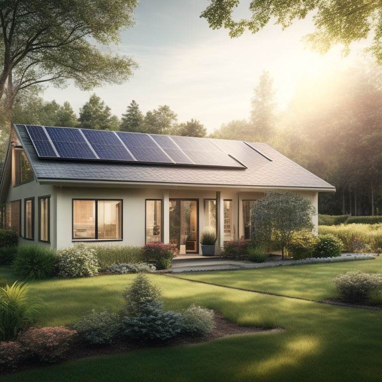 A serene suburban house with a pitched roof, surrounded by lush greenery, featuring a varying number of solar panels installed on its roof, with a subtle sun shining down.