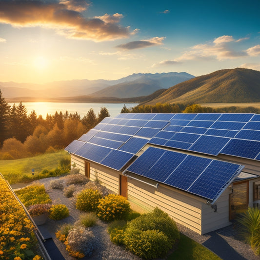 A serene landscape with 7 identical solar panels installed on rooftops, each with a unique icon above (e.g., coin, clock, puzzle piece) symbolizing a different aspect of cost consideration.