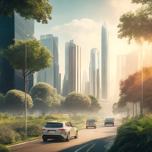 An illustration of a bustling cityscape with towering skyscrapers, surrounded by a haze of pollutants, contrasted with a clean, green oasis in the foreground, featuring lush plants and electric vehicles.