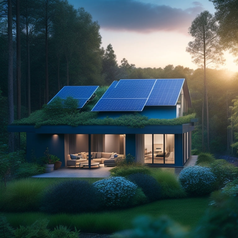 A serene, modern home with solar panels on the roof, surrounded by lush greenery, with a subtle, glowing blue aura radiating from the house, symbolizing clean energy and sustainability.