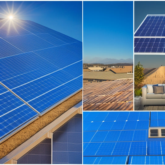 A split-screen image: a rooftop with solar panels installed, with a subtle grid pattern in the background, versus a detailed, exploded view of a single PV panel, showcasing its components and wiring.