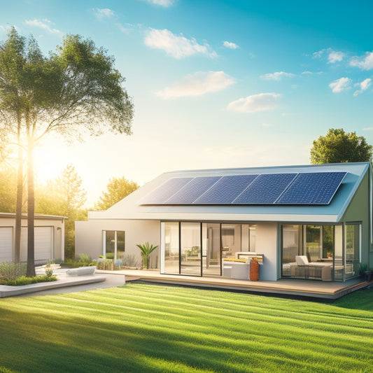 An illustration depicting a modern home with solar panels on the roof, a sleek battery storage unit in the garage, and a bright green landscape with a sunny sky, showcasing a seamless integration of sustainable energy.