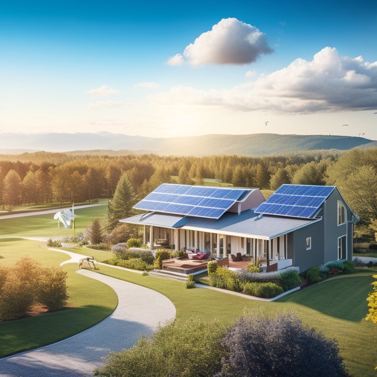 A serene residential landscape with a mix of solar panels, wind turbines, and green roofs, surrounded by lush trees and a bright blue sky with a few wispy clouds.