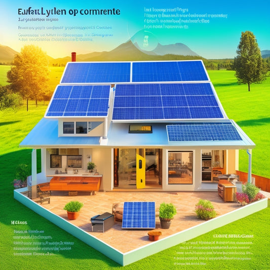 An illustration of a residential solar system with various components labeled with icons, including a roof with solar panels, an inverter, a meter, and a battery, surrounded by icons of a house, money, and a calculator.