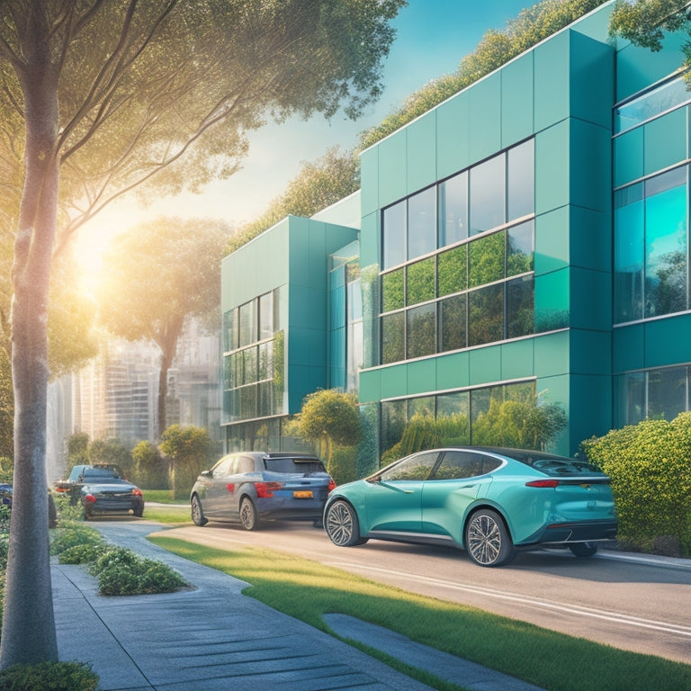 An illustration of a modern apartment building with multiple electric vehicles parked in designated spots, each with a sleek, futuristic charging station alongside, surrounded by lush greenery and a cityscape in the background.