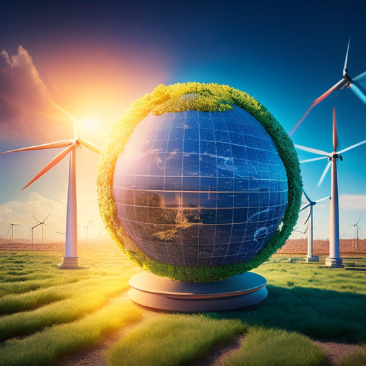 A stylized globe with a glowing green aura, surrounded by interconnected gears, solar panels, and wind turbines, set against a clean blue background with subtle certification badges.