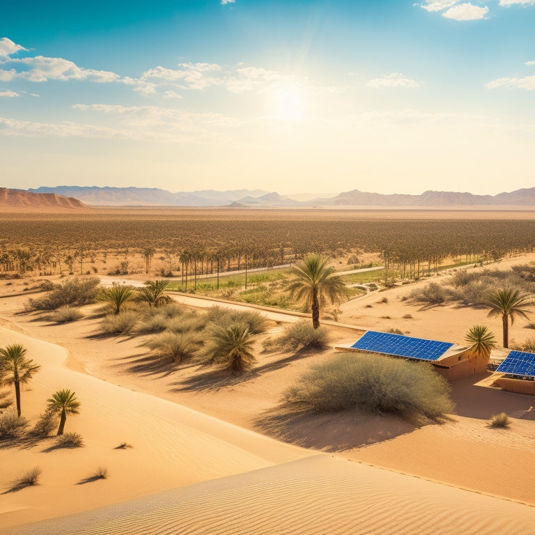 A photograph showcasing a sprawling desert landscape with several solar panels installed on rooftops, with a few palm trees and a distant sandy dune under a bright, clear blue sky.