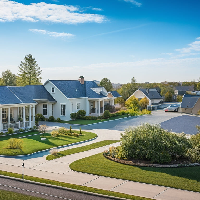 A serene suburban landscape with a mix of traditional and modern homes, each adorned with sleek solar panels, amidst a bright blue sky with a few fluffy white clouds and a subtle sun in the background.