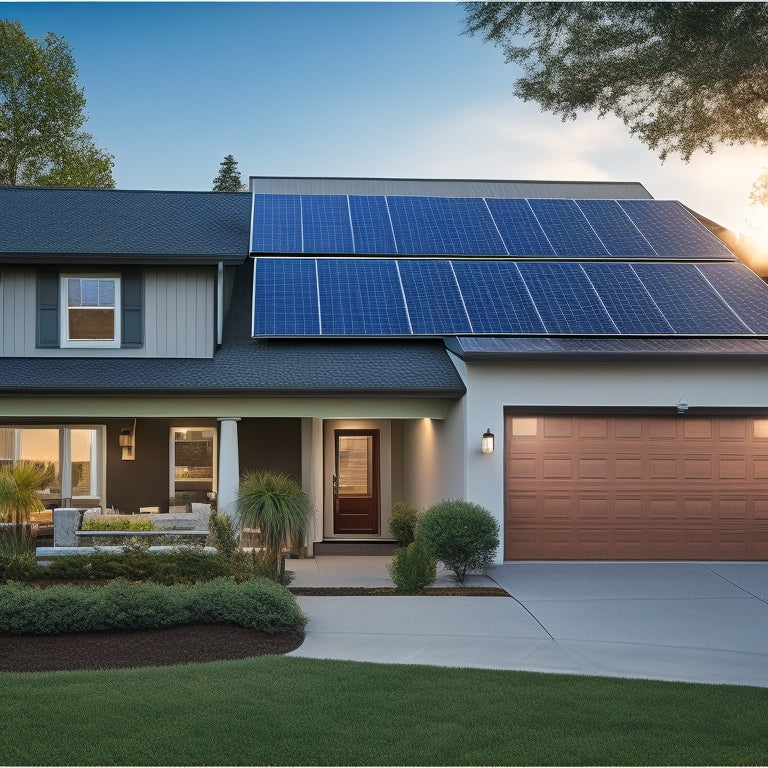 A sunny suburban home with a newly installed solar power system, featuring sleek black panels on the roof, a shiny inverter on the side wall, and a meter box with blinking LED lights.