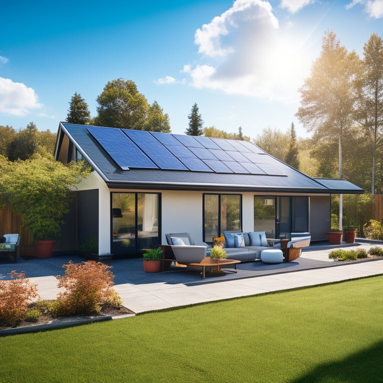 A sunny backyard with a newly installed solar panel system, featuring 12 sleek black panels on a modern roof, surrounded by lush greenery and a bright blue sky with a few white clouds.