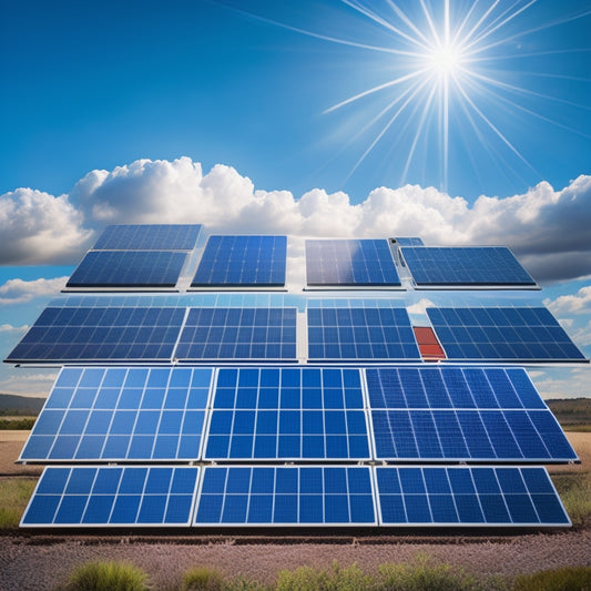 An illustration of multiple solar panels from different brands (e.g. Tesla, SunPower, Panasonic) showcasing varying panel sizes, frame colors, and cell arrangements against a bright blue sky with scattered clouds.