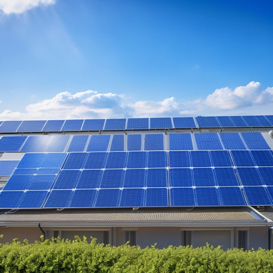 A bright blue sky with three solar panels of varying sizes and designs in the foreground, surrounded by subtle hints of a rooftop installation and a subtle gradient of greenery.