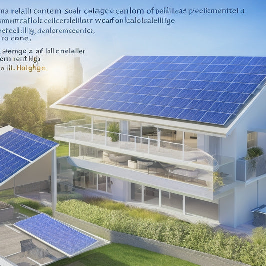 A split-screen illustration featuring a residential rooftop with installed solar panels on one side, and a detailed, exploded view of a single solar panel with its components (e.g. photovoltaic cells, frame, wiring) on the other.