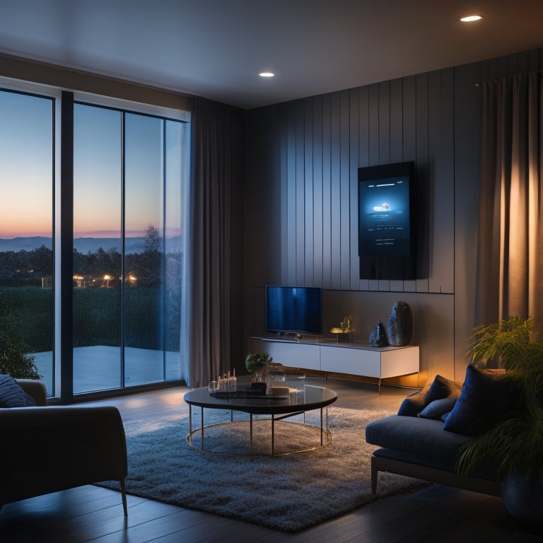 A modern smart home interior with sleek lines, minimalist decor, and a large touchscreen display on the wall, surrounded by automated curtains, lights, and temperature controls, at dusk.