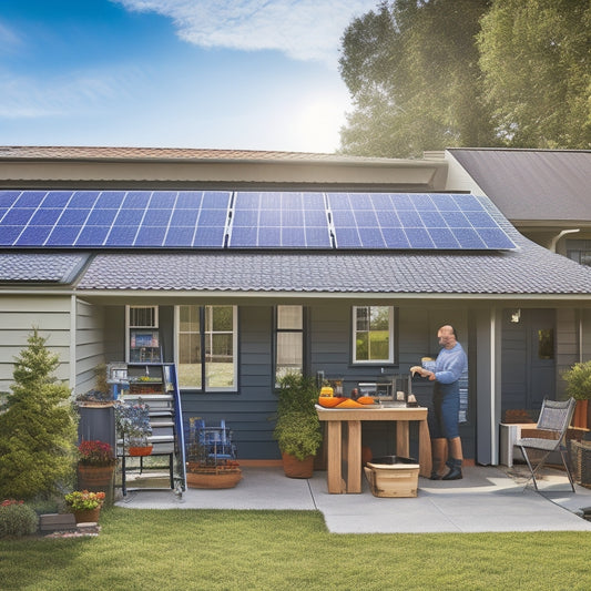 A sunny backyard with a beginner installing a solar panel array: a ladder, toolbox, and wires amidst a partial grid of shiny black panels on a sloping roof, with a few loose panels waiting nearby.