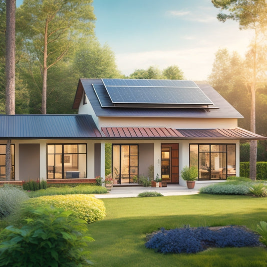 A serene suburban home with a small, sleek solar panel array on the roof, surrounded by lush greenery, with a few panels discreetly integrated into the exterior wall.