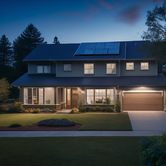 A serene suburban home with solar panels on the roof, a sleek backup battery system in the garage, and a bright, lit interior during a nighttime power outage, surrounded by darkened neighboring houses.