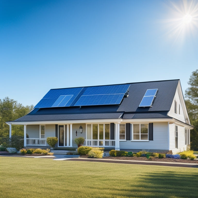 A serene suburban house with a sleek, black roof-mounted solar panel installation, angled at 30 degrees, amidst a backdrop of clear blue sky and fluffy white clouds.