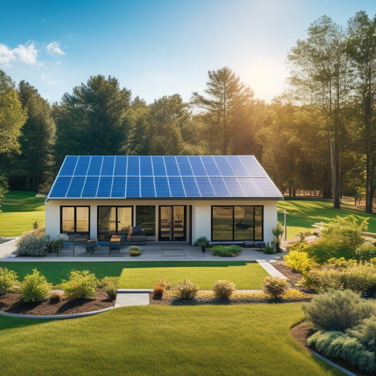 A serene suburban landscape with a modern home, solar panels installed on the roof, and a sleek battery storage system visible in the backyard, surrounded by lush greenery and a bright blue sky.