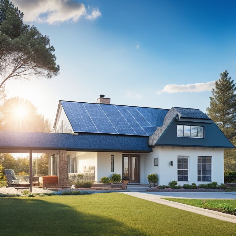 A serene suburban home with a modern roof featuring a sleek array of high-efficiency solar panels in a staggered formation, set against a bright blue sky with fluffy white clouds.