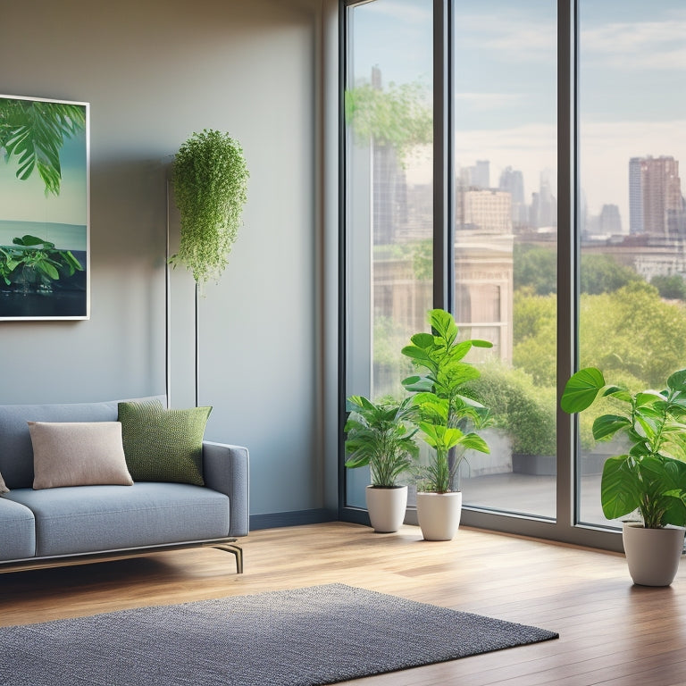 A modern living room with a sleek, compact energy storage unit against a wall, surrounded by green plants and a large window with a subtle cityscape background.