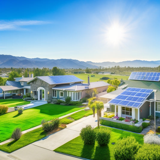 A serene California landscape with a few homes, each with a different brand of solar panels installed, showcasing various designs and installation styles, set against a bright blue sky with fluffy white clouds.