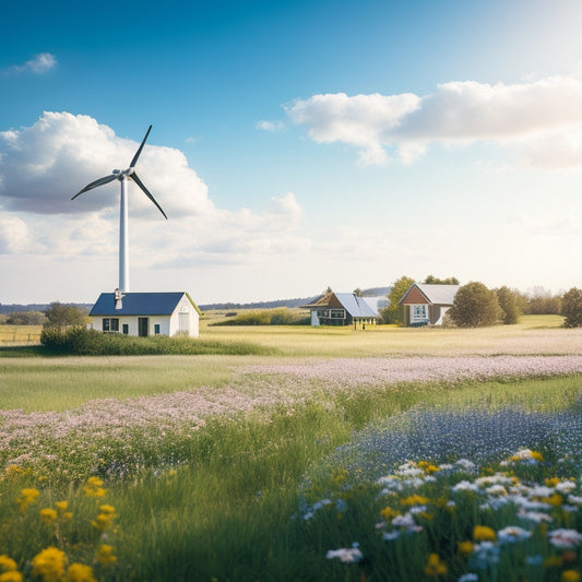 A serene landscape with a small, modern house in the distance, surrounded by wind turbines, solar panels, and a bright blue sky with fluffy white clouds, amidst lush greenery and blooming wildflowers.