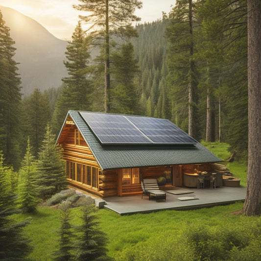 A serene mountain cabin surrounded by evergreen trees, with a roof-mounted solar panel array and a standalone inverter station, connected to a battery bank and electrical outlets.