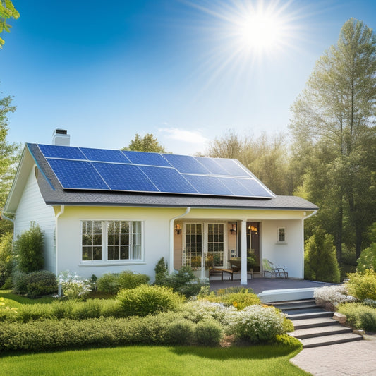 A serene suburban home with solar panels installed on a sloping roof, surrounded by lush greenery, with a bright blue sky and a few white, puffy clouds in the background.