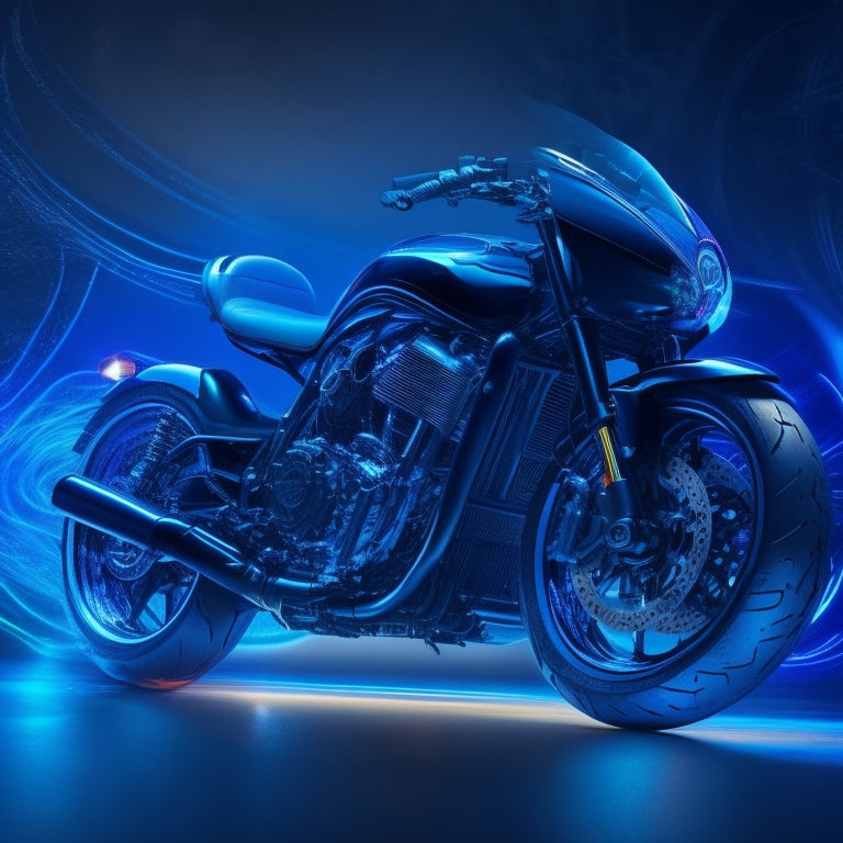 A dramatic, high-contrast illustration of a sleek, black motorcycle in motion, surrounded by abstract, swirling shapes representing advanced safety features, with glowing blue accents and subtle, neon-lit circuits.