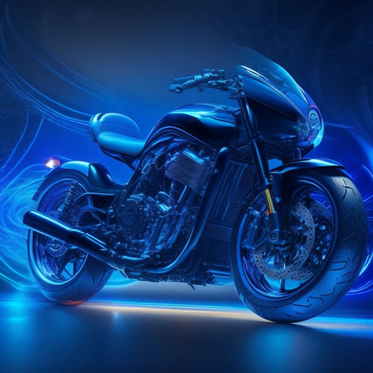 A dramatic, high-contrast illustration of a sleek, black motorcycle in motion, surrounded by abstract, swirling shapes representing advanced safety features, with glowing blue accents and subtle, neon-lit circuits.